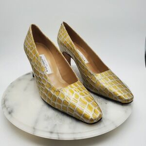 Vintage Liz Claiborne Pumps Made in Spain Yellow White Croc Embossed Heels Sz 9M